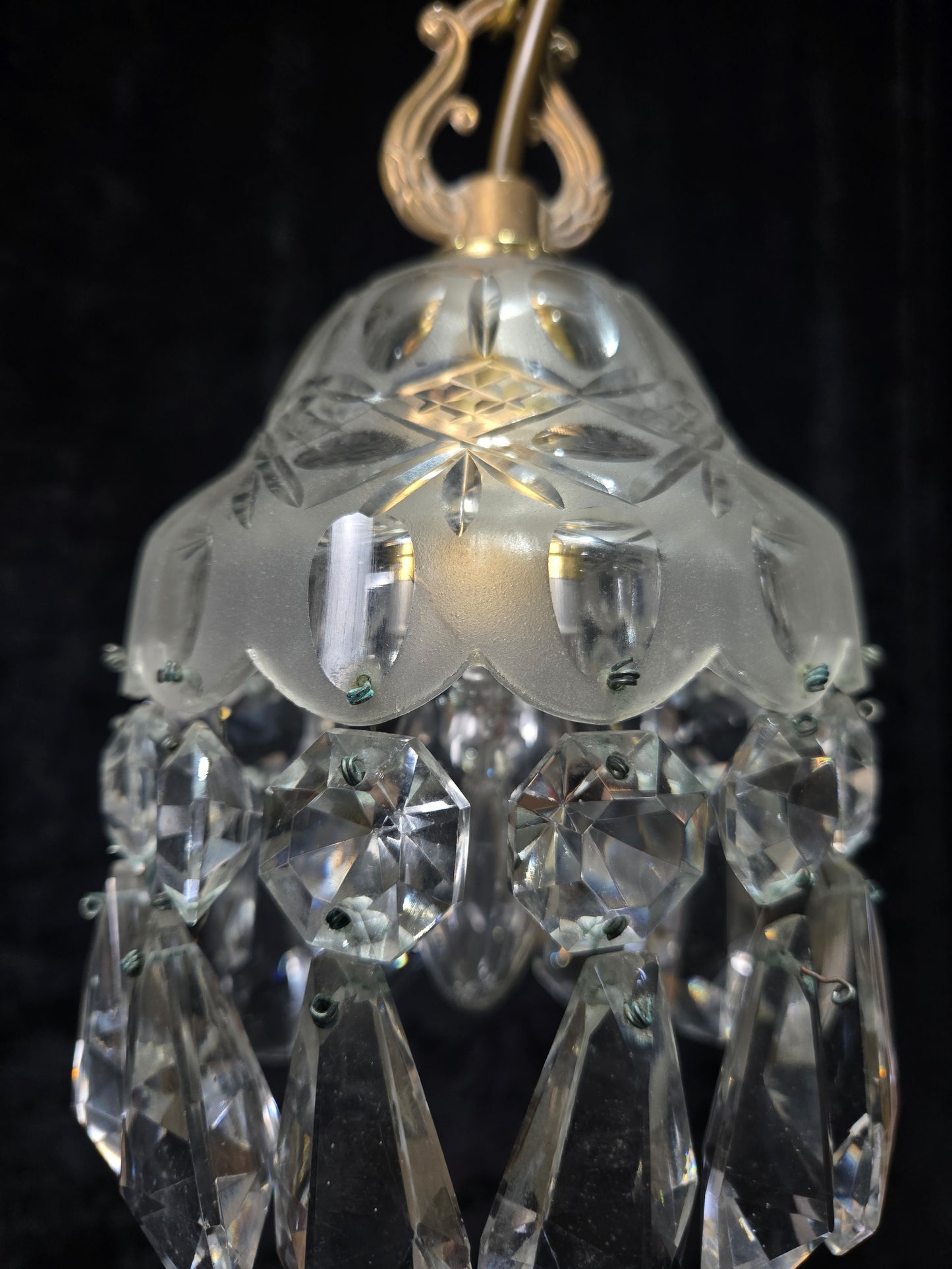 Beautiful Petite Cut Glass Crystal Antique Shade Brass Pendant Light Chandelier
