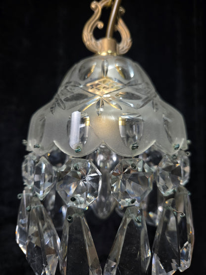 Beautiful Petite Cut Glass Crystal Antique Shade Brass Pendant Light Chandelier