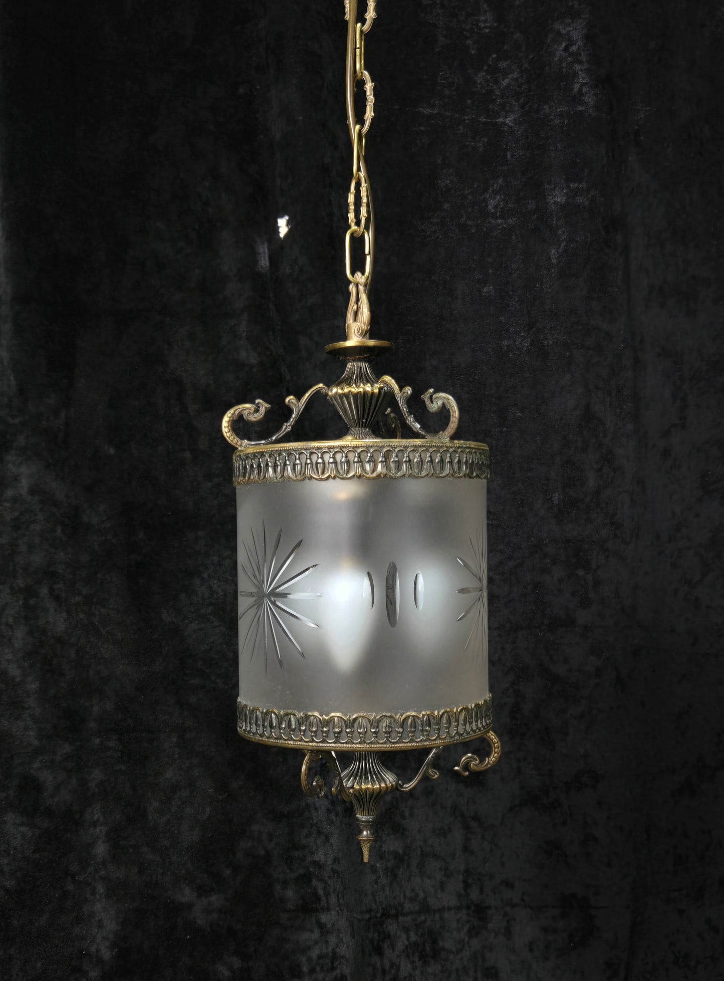 Elegant Vintage Italian Cylinder Cut Glass Starburst Brass 3 Light Lantern