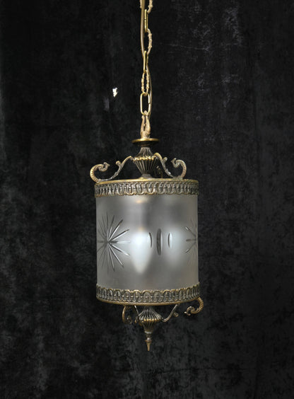 Elegant Vintage Italian Cylinder Cut Glass Starburst Brass 3 Light Lantern