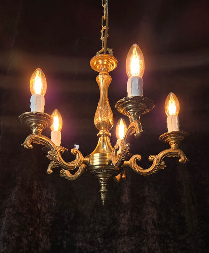 Classical Vintage French 5 Arm Brass Rococo Style Chandelier Ceiling Light