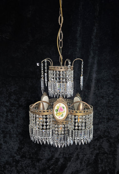 Beautiful Vintage Italian Capodimonte Flower Brass Crystal 4 Light Chandelier