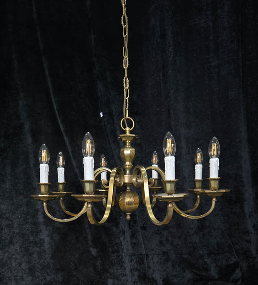 Classical Vintage Polished Brass Large 8 Arm Flemish Style Chandelier Light