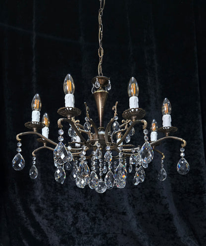 Gorgeous Vintage Italian 8 Arm Crystal Brass Leaf Chandelier Ceiling Light