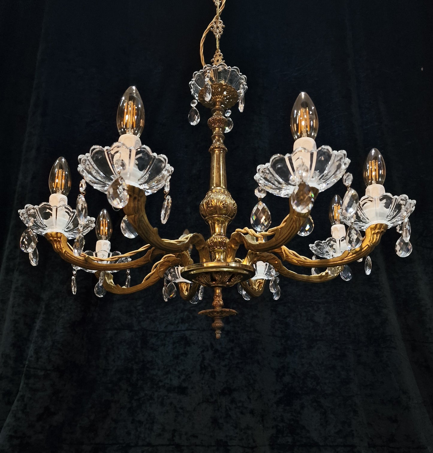 Gorgeous Vintage French Heavy Brass 8 Arm Crystal Chandelier Ceiling Light