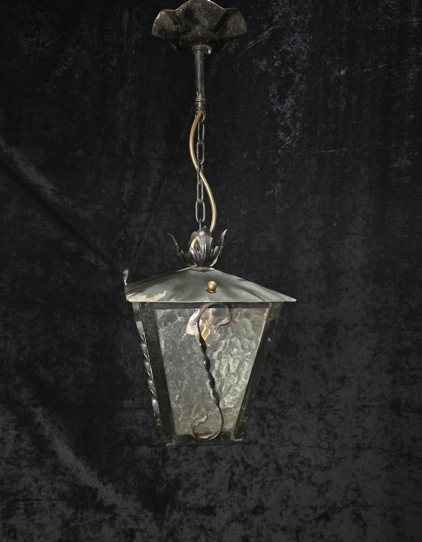 Lovely Vintage French Wrought Iron Gothic Patterned Glass Lantern Light