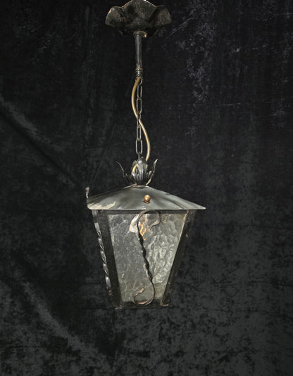 Lovely Vintage French Wrought Iron Gothic Patterned Glass Lantern Light