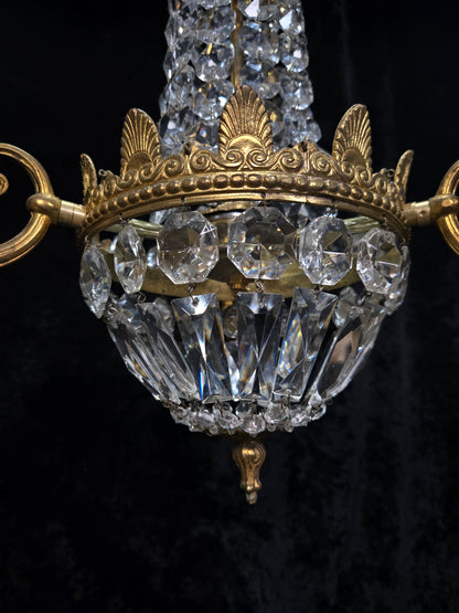 Traditional Vintage French 3 Arm Brass and Crystal Montgolfiere Bag Chandelier