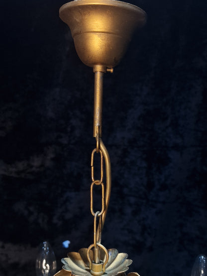 Pretty Vintage French 5 Arm Foliage Toleware Gilded Chandelier Light