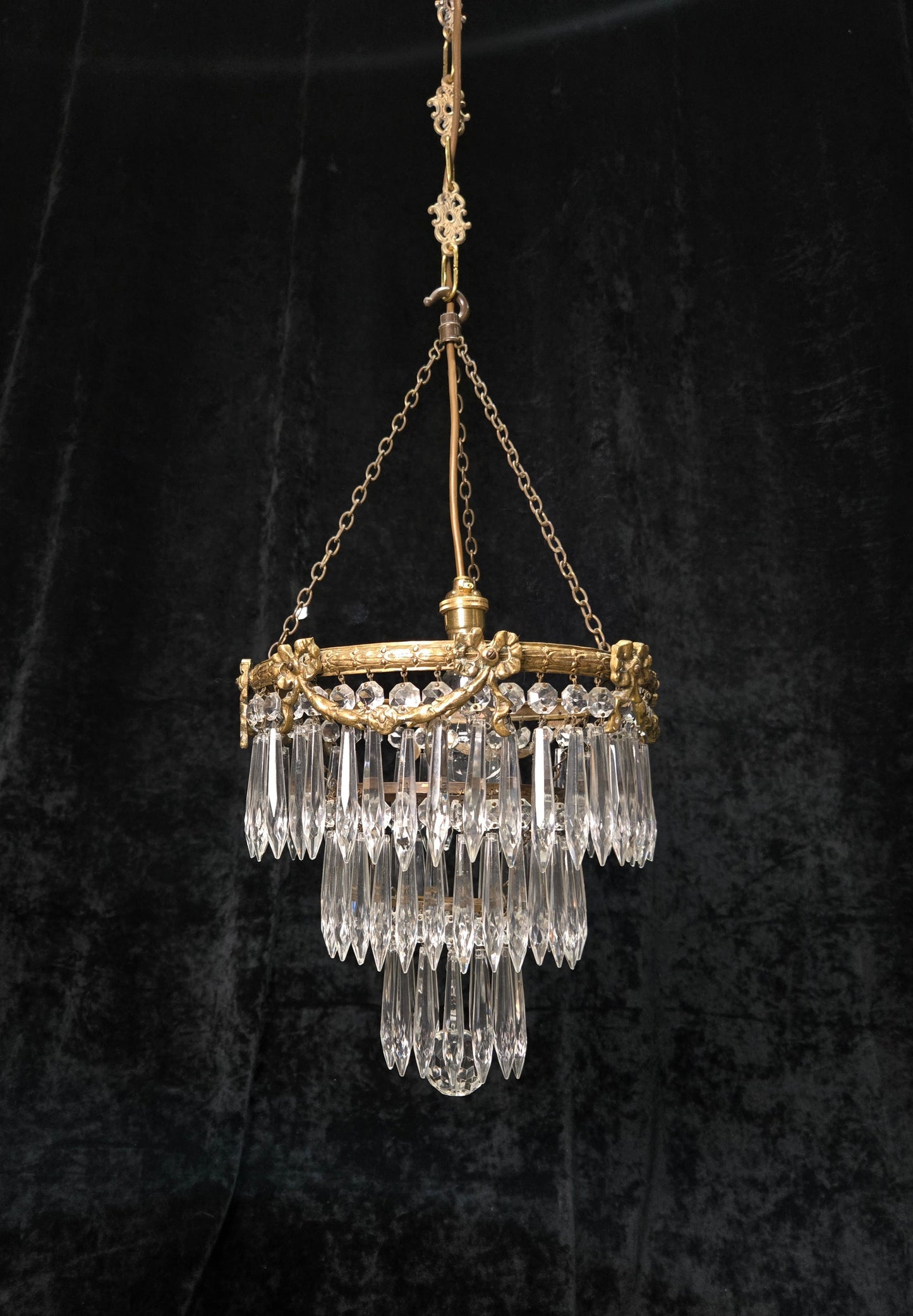 Fabulous Antique French Empire Style Brass Crystal Bows Chandelier Ceiling Light