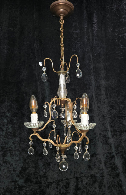 Lovely Petite Antique French 3 Arm Cage Brass Crystal Chandelier Ceiling Light