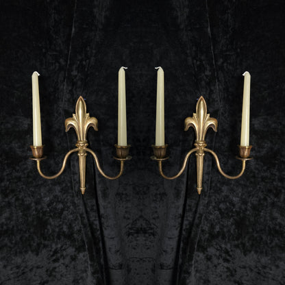 Decorative Pair Antique French Fleur De Lis Brass 2 Arm Candle Wall Lights