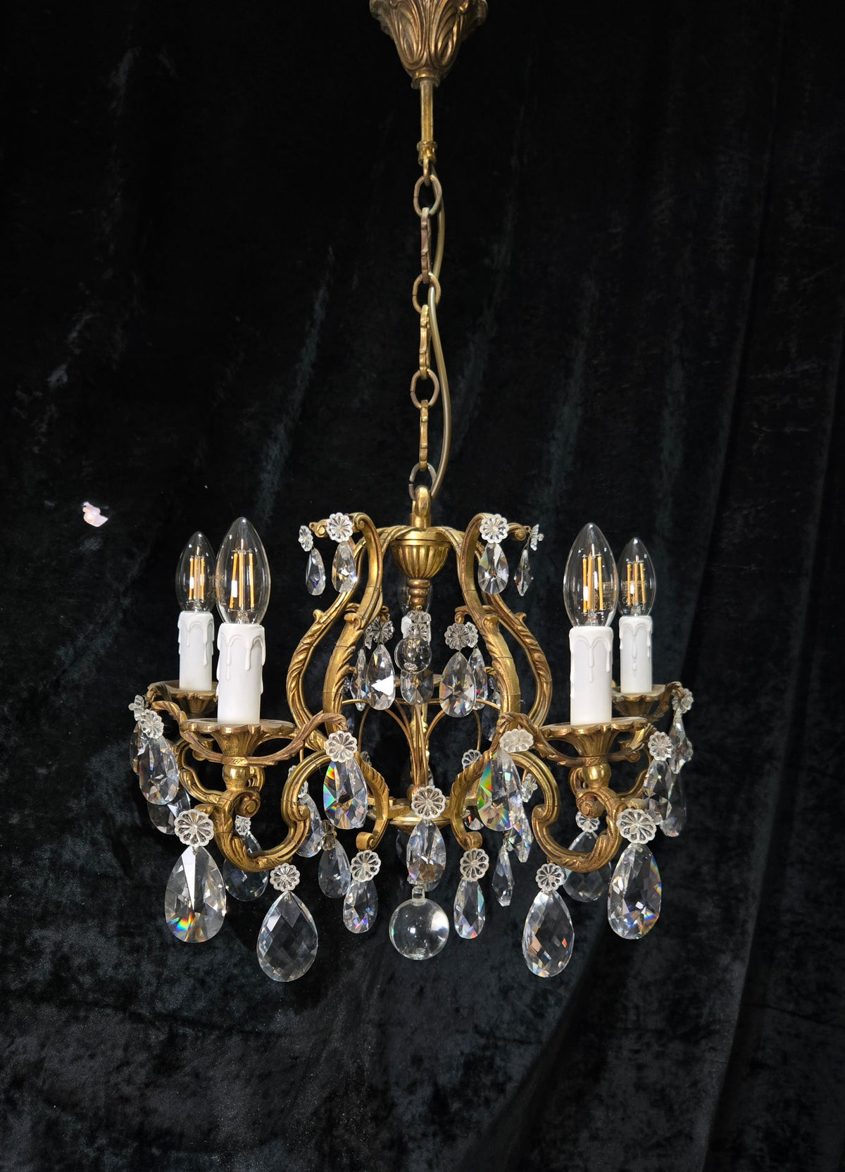 Traditional Antique French 5 Arm Heavy Bronze Cage Crystal Chandelier Light