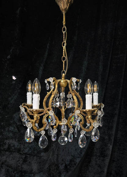 Traditional Antique French 5 Arm Heavy Bronze Cage Crystal Chandelier Light