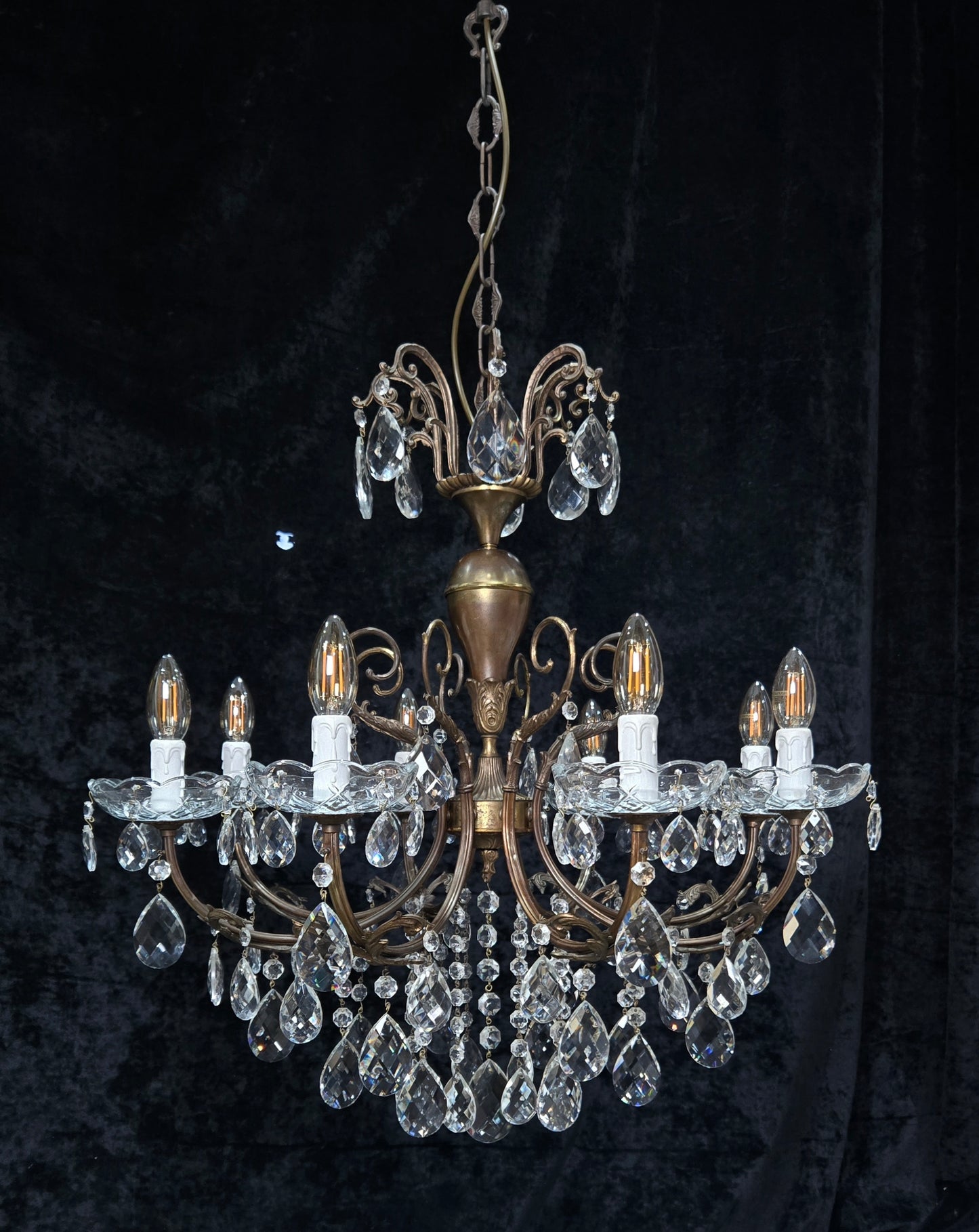 Fabulous Large Vintage Italian Heavy 8 Arm Leaf Crystal Chandelier Ceiling Light