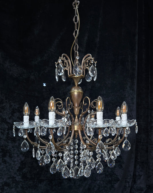 Fabulous Large Vintage Italian Heavy 8 Arm Leaf Crystal Chandelier Ceiling Light