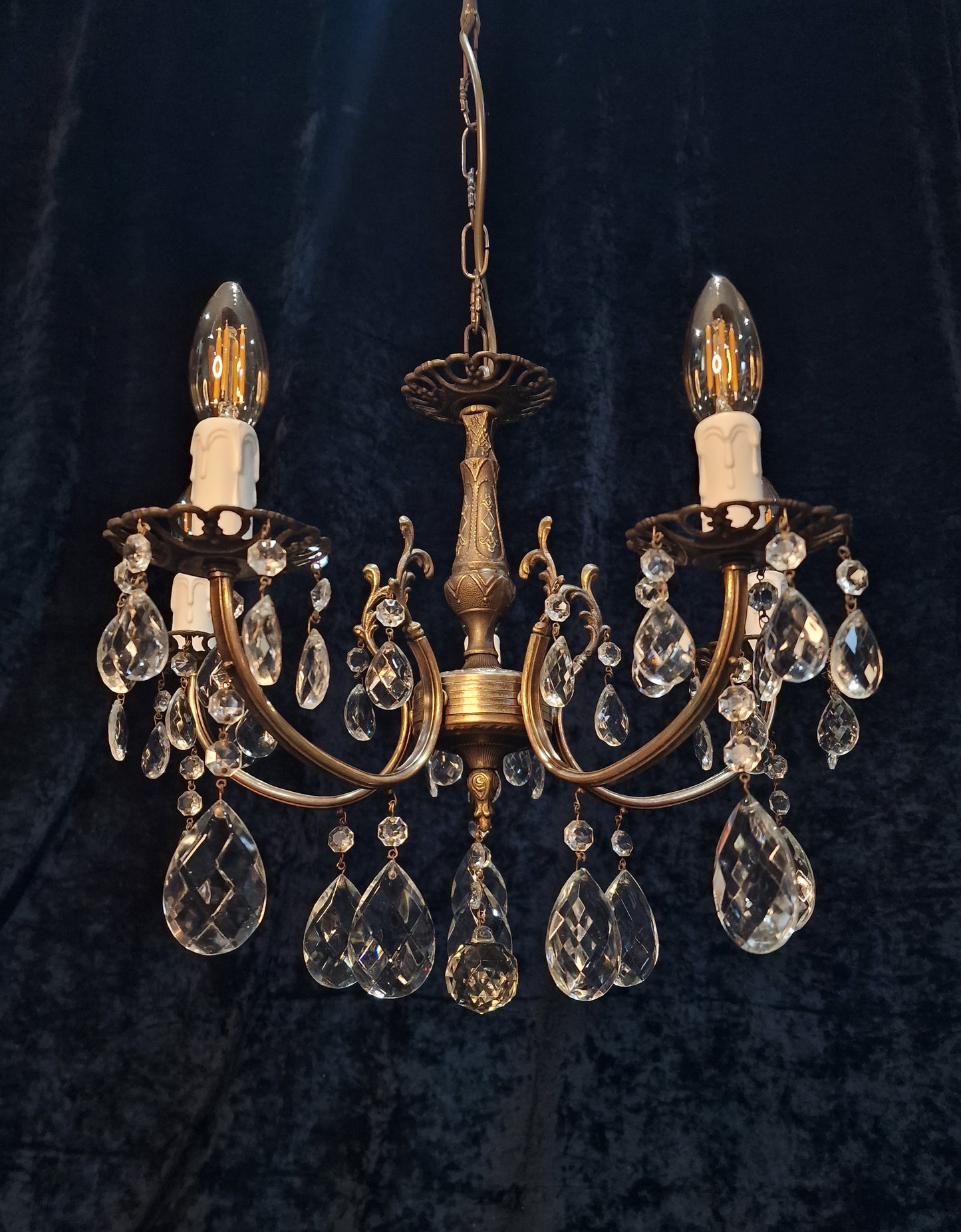 Beautiful Vintage French 5 Arm Brass and Crystal Chandelier Ceiling Light