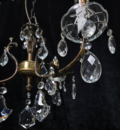 Lovely Vintage Italian 3 Arm Brass Foliage Crystal Chandelier Ceiling Light