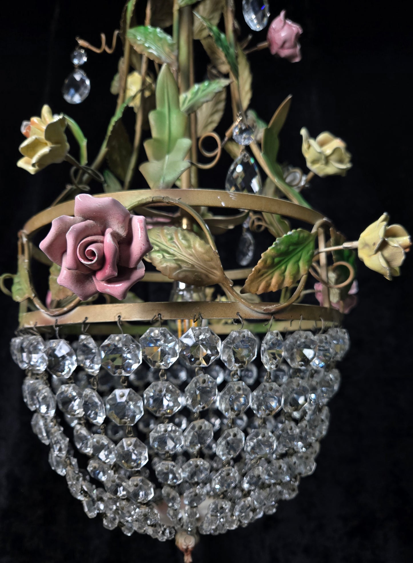 Beautiful Vintage Florentine Italian 1 Light Crystal Roses Toleware Chandelier