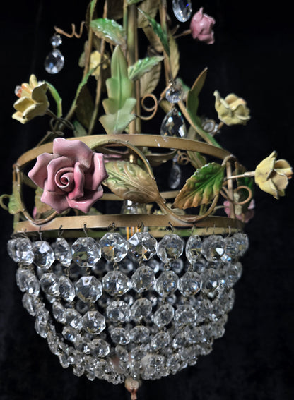 Beautiful Vintage Florentine Italian 1 Light Crystal Roses Toleware Chandelier
