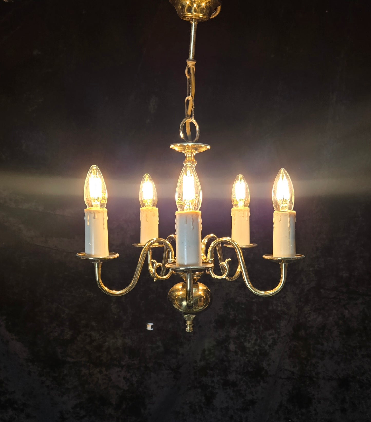 Classical Vintage Small 5 Arm Polished Brass Flemish Chandelier Ceiling Light