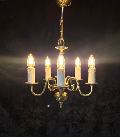 Classical Vintage Small 5 Arm Polished Brass Flemish Chandelier Ceiling Light