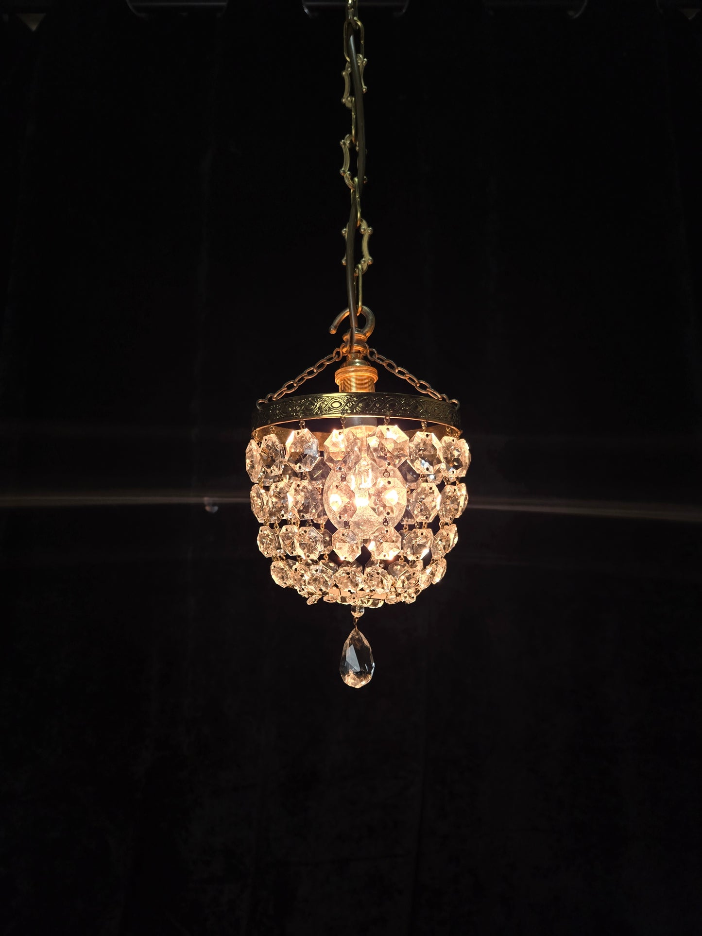 Petite Vintage French Crystal Half Bag Brass Leaf Chandelier Ceiling Light
