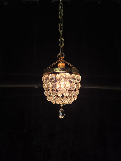 Petite Vintage French Crystal Half Bag Brass Leaf Chandelier Ceiling Light