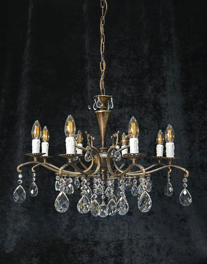 Gorgeous Vintage Italian 8 Arm Crystal Brass Leaf Chandelier Ceiling Light