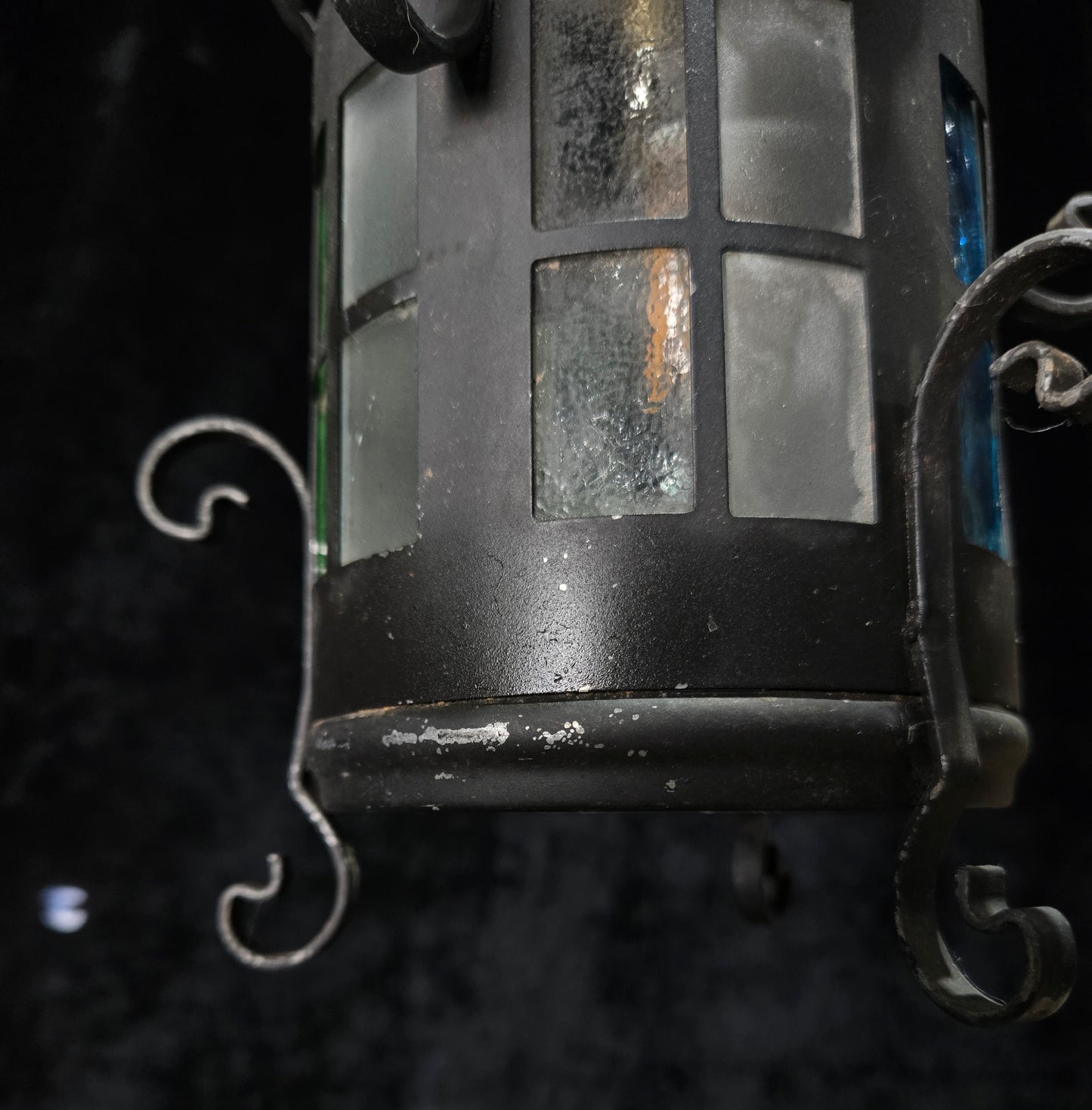 Lovely Petite Vintage French Wrought Iron Gothic Coloured Glass Lantern Light