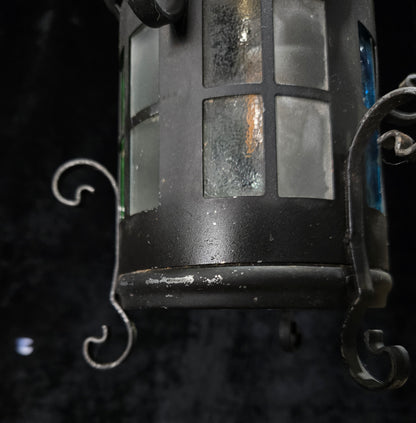 Lovely Petite Vintage French Wrought Iron Gothic Coloured Glass Lantern Light