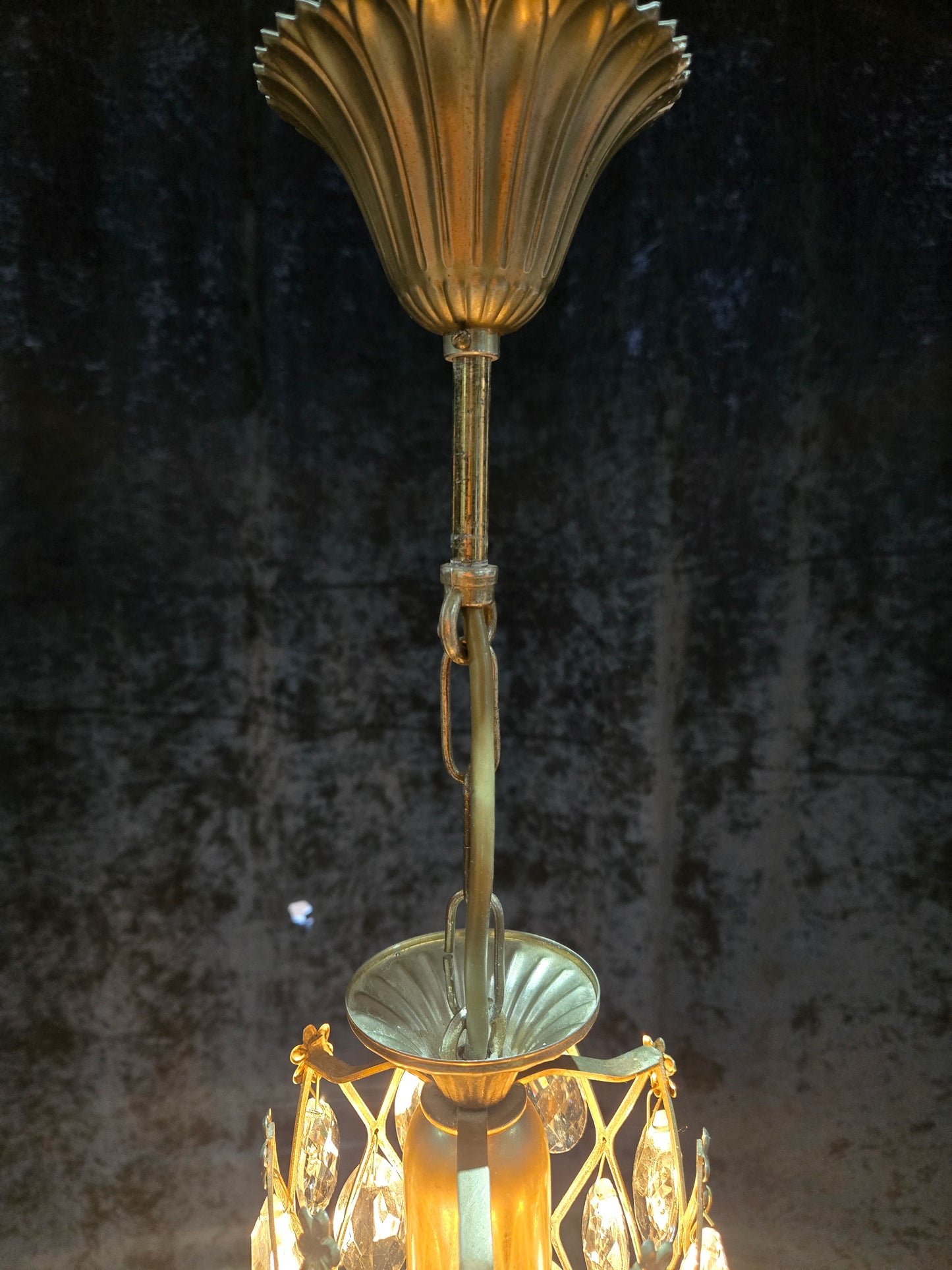 Unique Vintage Italian 1 Light Brass Small Cylinder Crystal Caged Chandelier