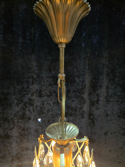 Unique Vintage Italian 1 Light Brass Small Cylinder Crystal Caged Chandelier