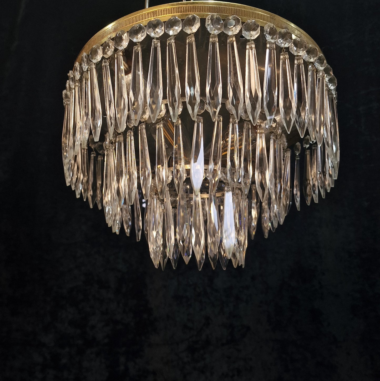 Beautiful Vintage French 3 Tier 3 Light Brass Crystal Waterfall Flush Mount