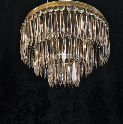 Beautiful Vintage French 3 Tier 3 Light Brass Crystal Waterfall Flush Mount