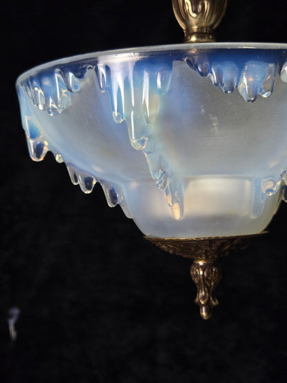 Unique Vintage 3 Light Brass EZAN Vaseline Glass Flush Ceiling Pendant Lantern