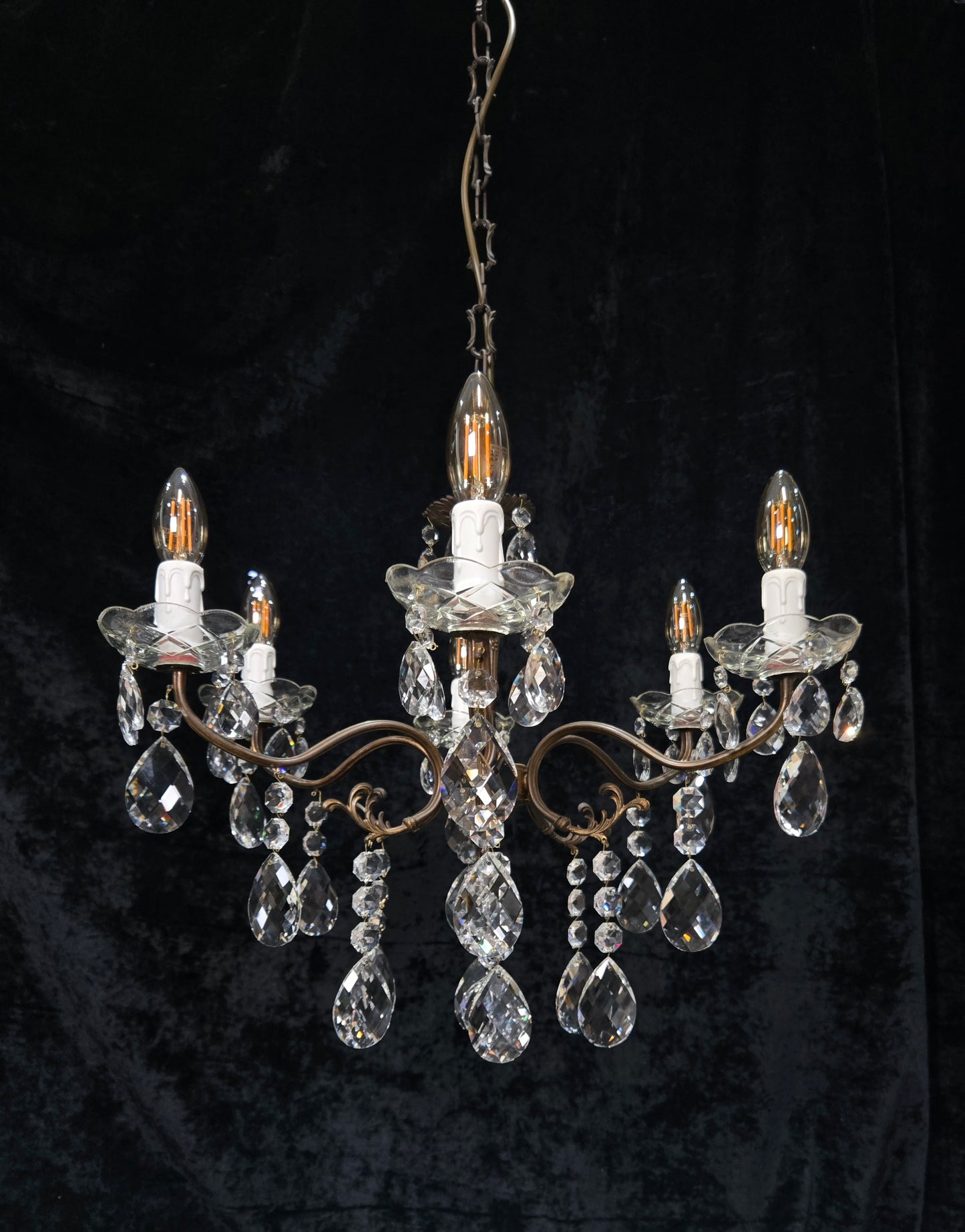 Traditional Vintage French 6 Arm Brass Crystal Glass Chandelier Ceiling Light