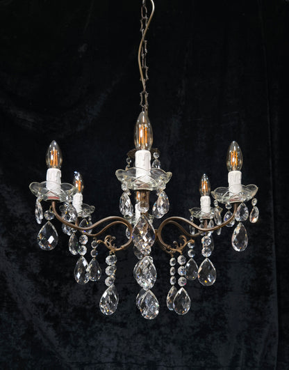 Traditional Vintage French 6 Arm Brass Crystal Glass Chandelier Ceiling Light