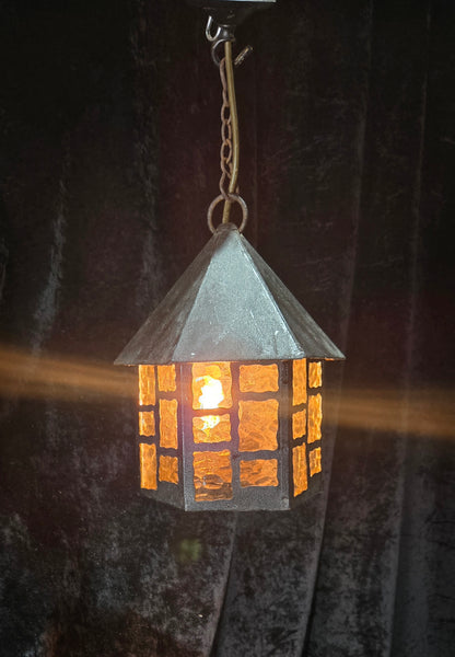 Lovely Vintage French Wrought Iron Gothic Lantern Light with Textured Glass