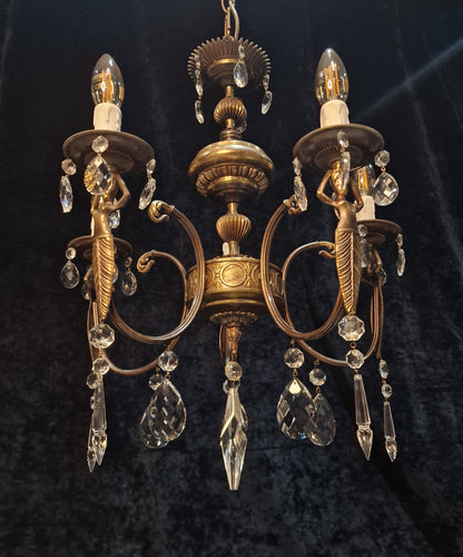 Unique Elegant Vintage Italian 5 Arm Brass and Crystal Mermaid Chandelier Light