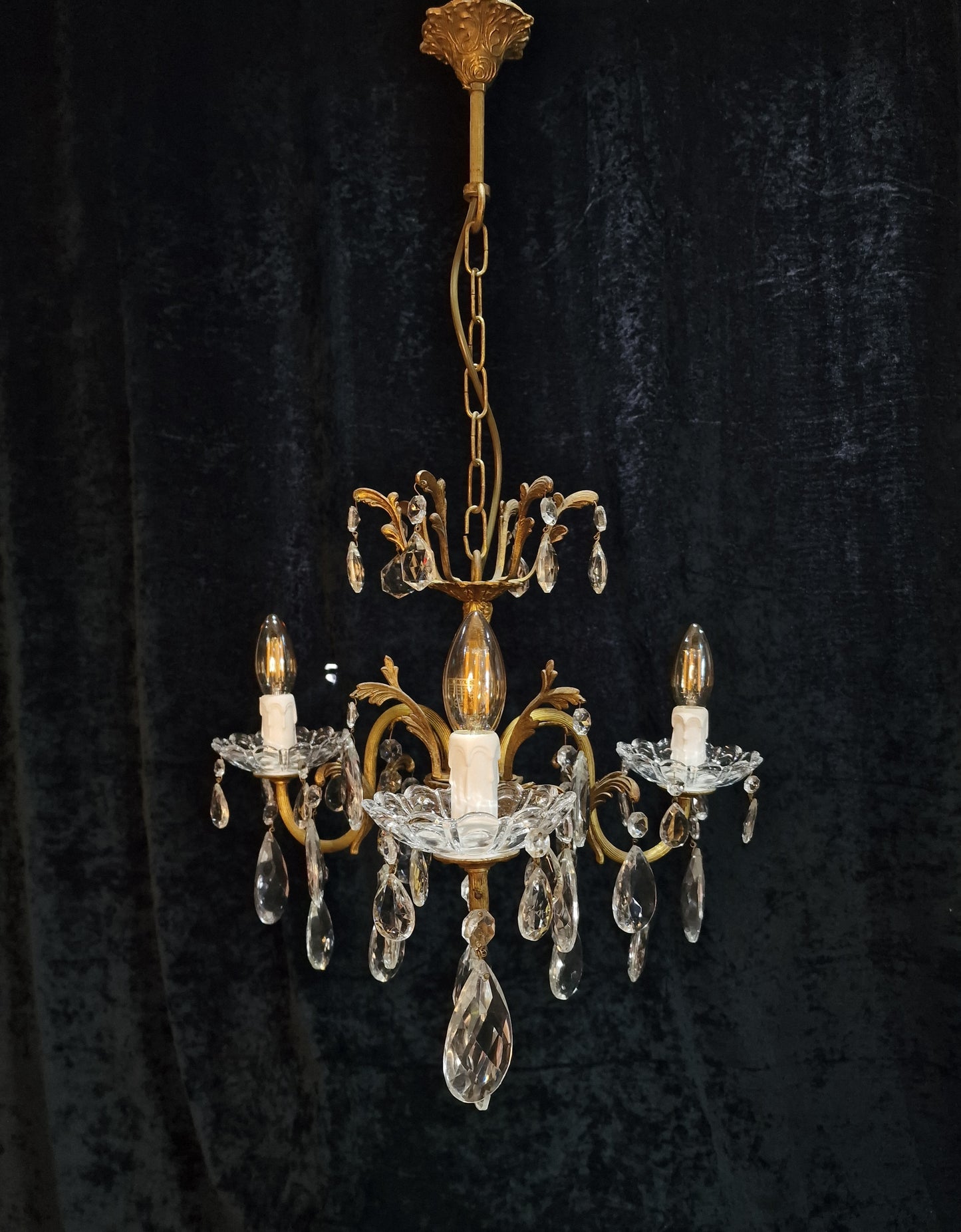 Beautiful Antique French 3 Arm Crystal Brass Leaf Chandelier Ceiling Light