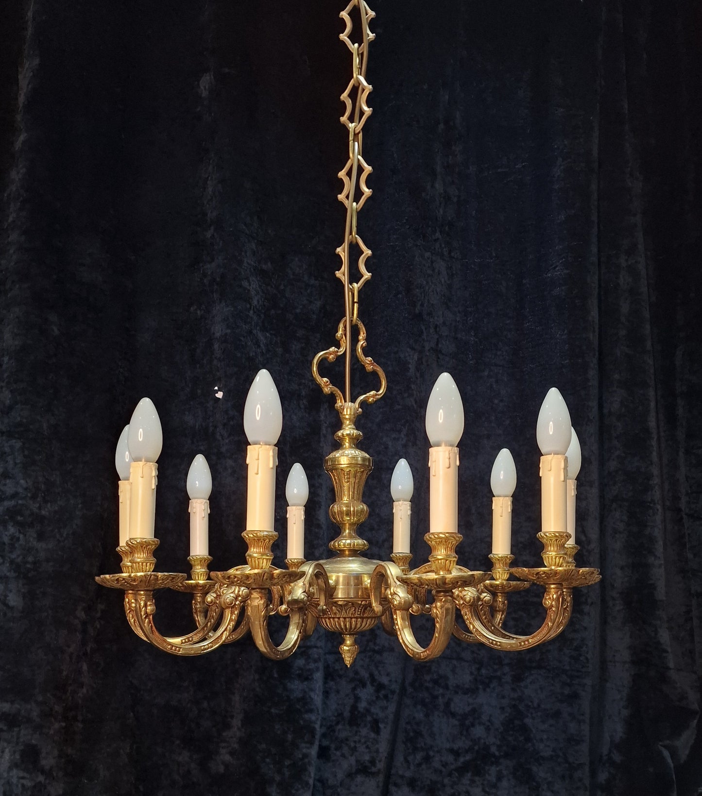 Stately Heavy Vintage French Empire Style 10 Arm Brass Chandelier Ceiling Light