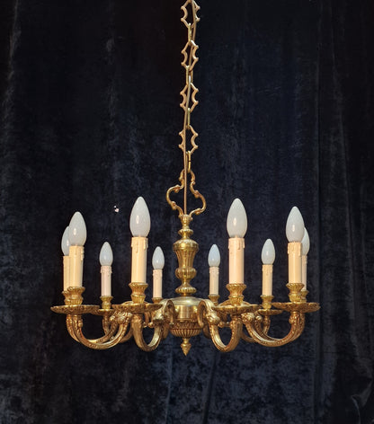 Stately Heavy Vintage French Empire Style 10 Arm Brass Chandelier Ceiling Light