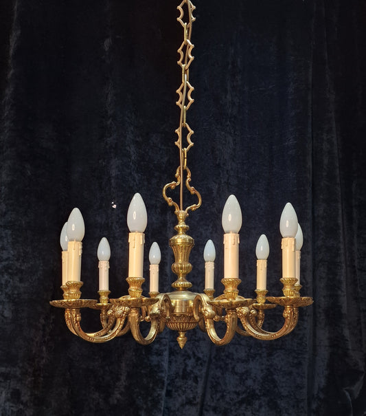 Stately Heavy Vintage French Empire Style 10 Arm Brass Chandelier Ceiling Light