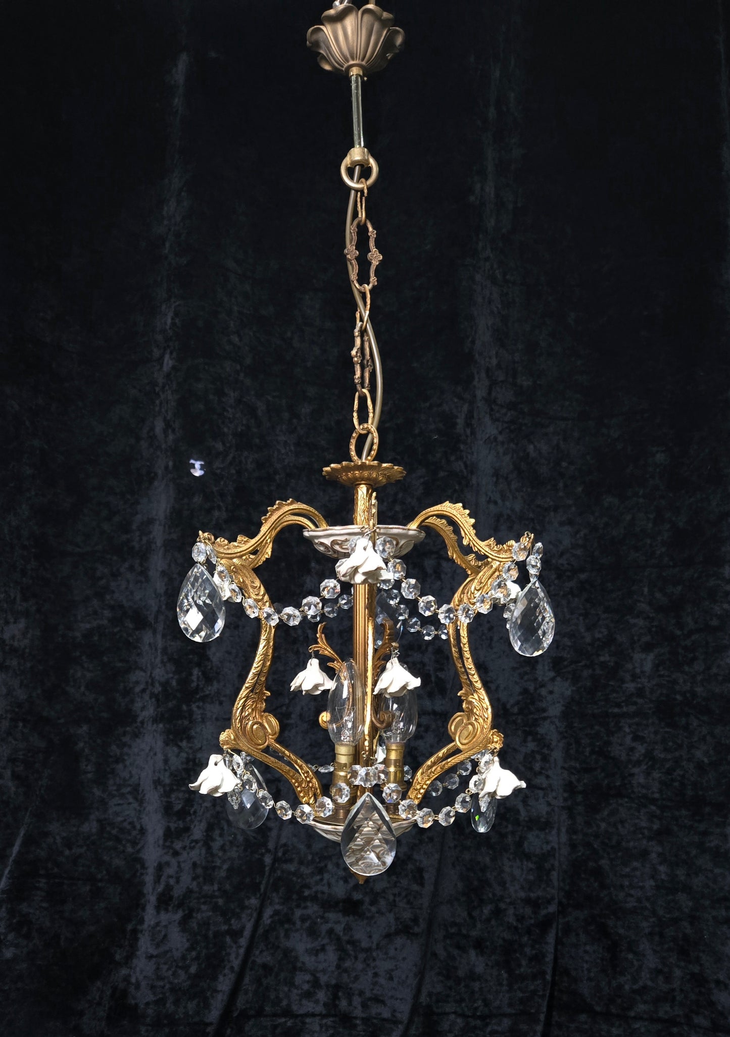 Lovely Vintage Spanish 3 Light Crystal and Brass Ceramic Roses Cage Chandelier