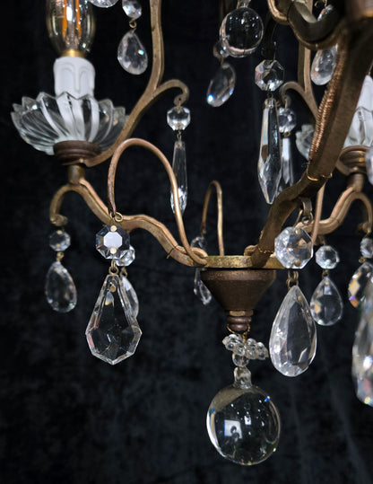 Lovely Petite Antique French 3 Arm Cage Brass Crystal Chandelier Ceiling Light