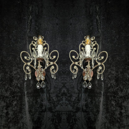 Elegant Pair Vintage Italian Venetian Style Crystal Glass and Iron Wall Lights