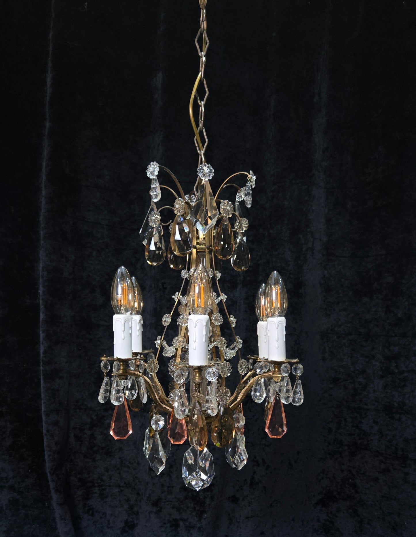 Beautiful Antique Italian 6 Arm Brass Crystal Cage Chandelier Ceiling Light