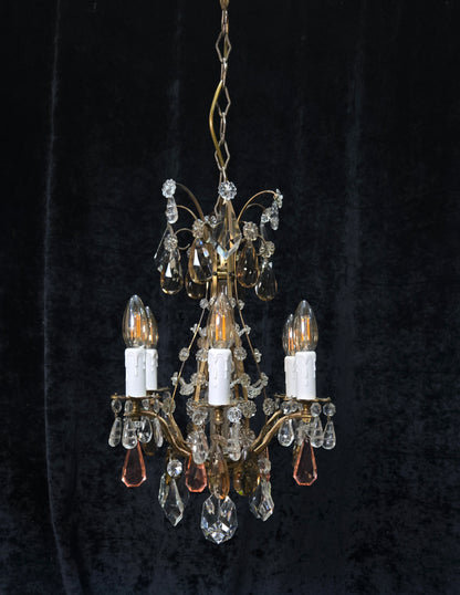 Beautiful Antique Italian 6 Arm Brass Crystal Cage Chandelier Ceiling Light