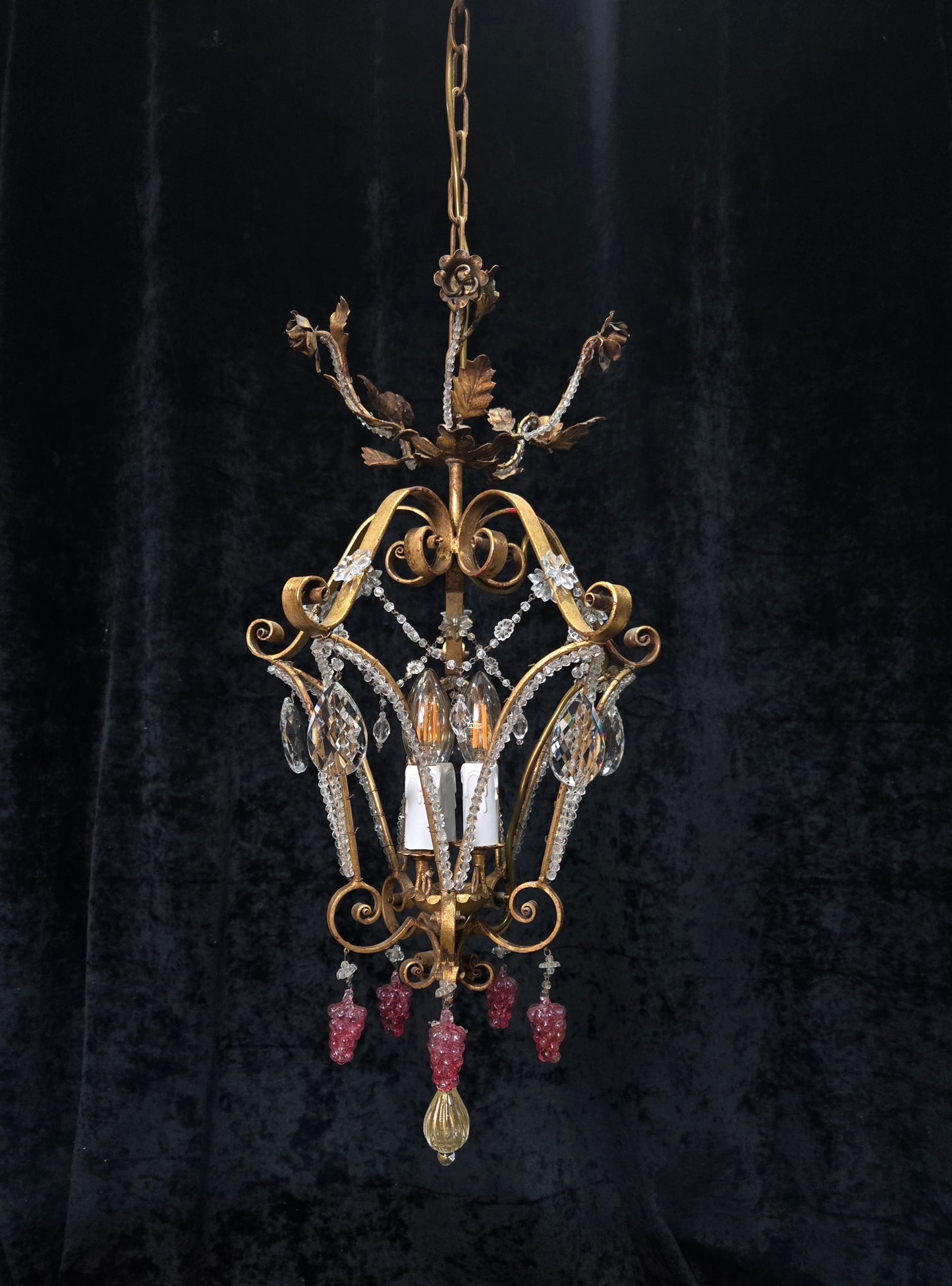 Fabulous Vintage Italian 3 Arm Caged Florentine Flower Crystal Chandelier Light